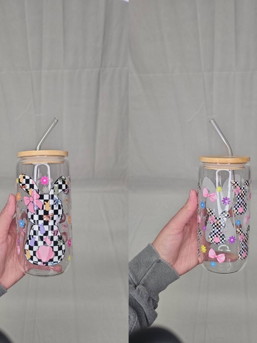Checkerboard Bunny Glass Tumbler with Straw - Pink Accents